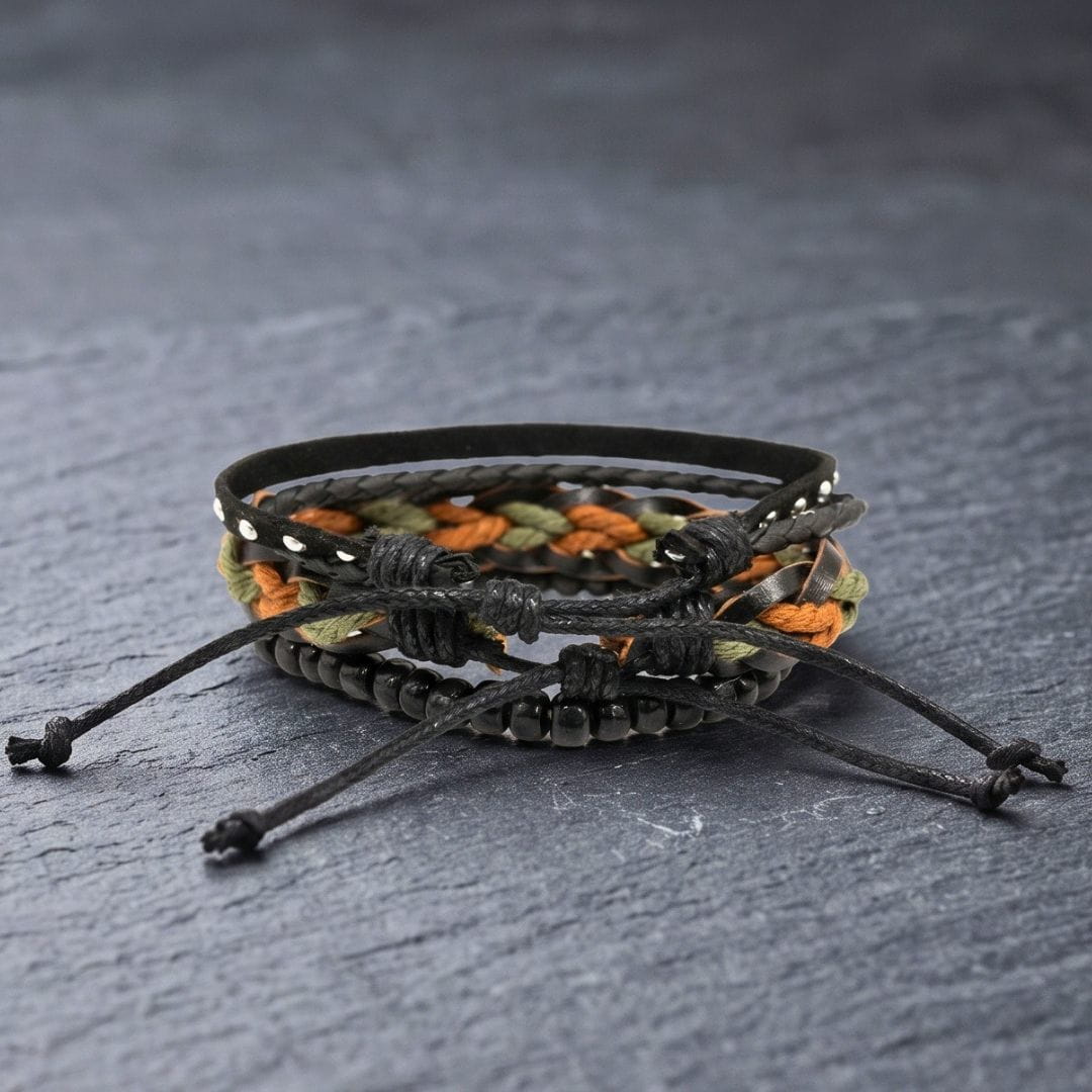 THE MEN THING Leather Bracelet CAMO RIDGE - 3Pcs Genuine Leather Adjustable Bracelets Set for Men & Boys