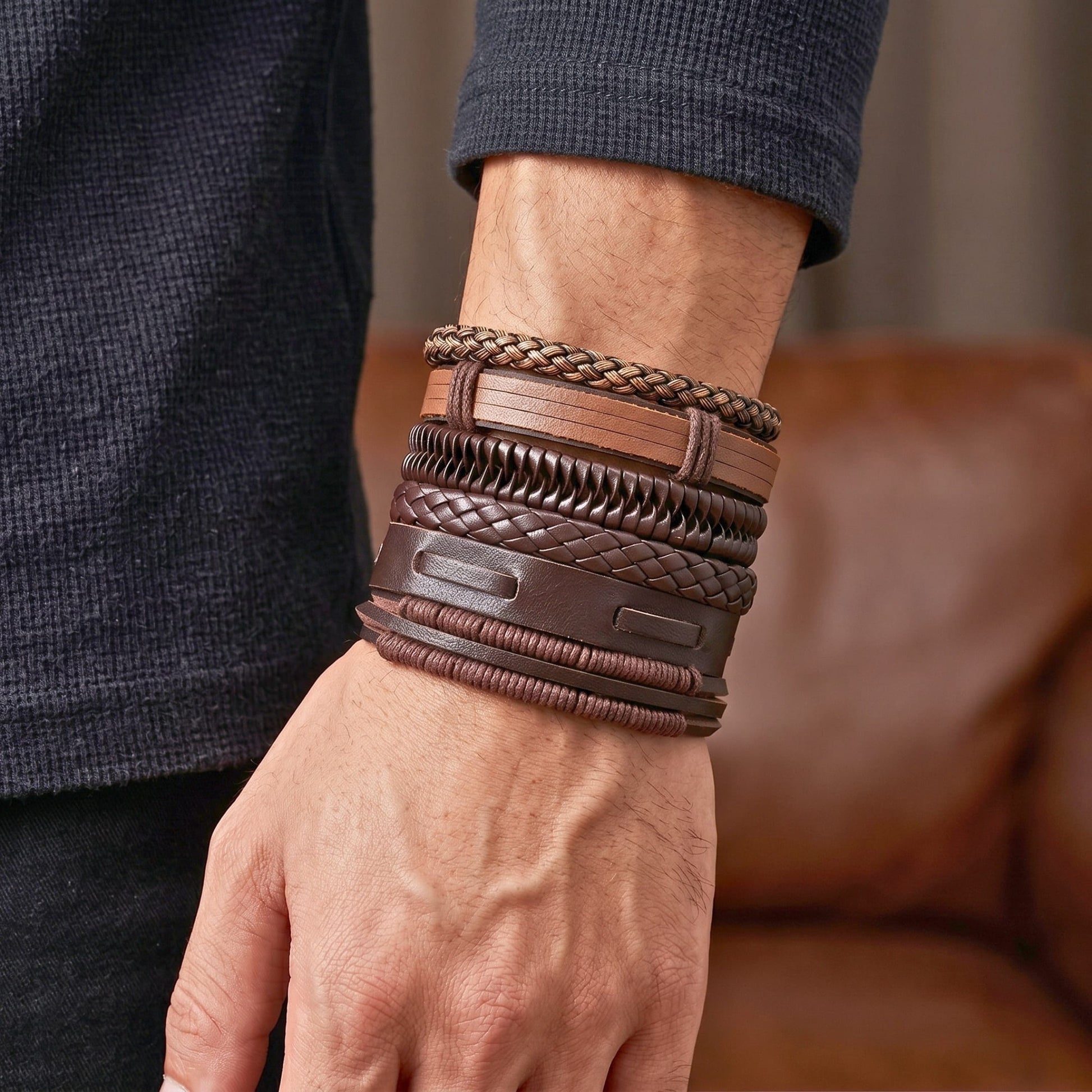 THE MEN THING Leather Bracelet CANYON LOOP - 6 Pcs Genuine Leather Adjustable Bracelet for Men & Boys
