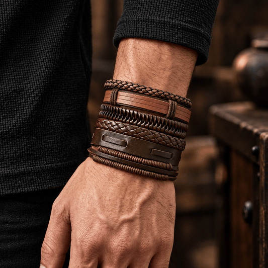 THE MEN THING Leather Bracelet CANYON LOOP - 6 Pcs Genuine Leather Adjustable Bracelet for Men & Boys