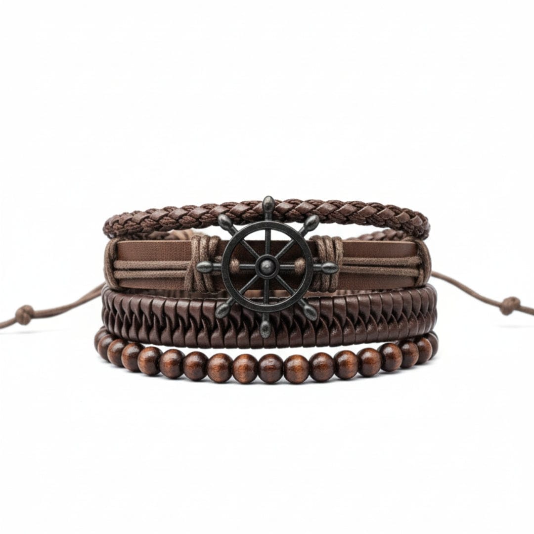 THE MEN THING Leather Bracelet CAPTAIN DESTINY - 4 Pcs Genuine Leather Adjustable Bracelet Set for Men & Boys (8 inch)