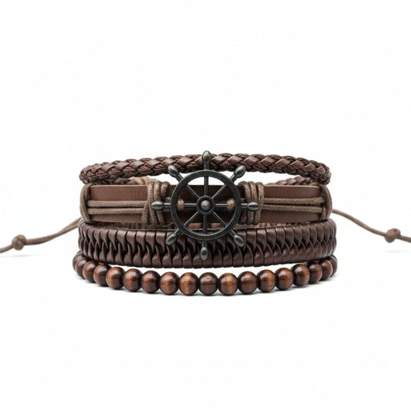 CAPTAIN DESTINY - 4 Pcs Genuine Leather Adjustable Bracelet Set for Men & Boys (8 inch)