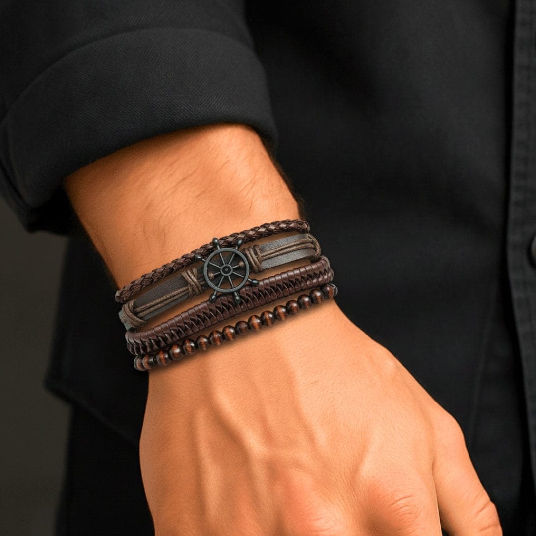 THE MEN THING Leather Bracelet CAPTAIN DESTINY - 4 Pcs Genuine Leather Adjustable Bracelet Set for Men & Boys (8 inch)