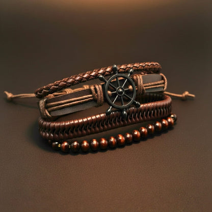 THE MEN THING Leather Bracelet CAPTAIN DESTINY - 4 Pcs Genuine Leather Adjustable Bracelet Set for Men & Boys (8 inch)