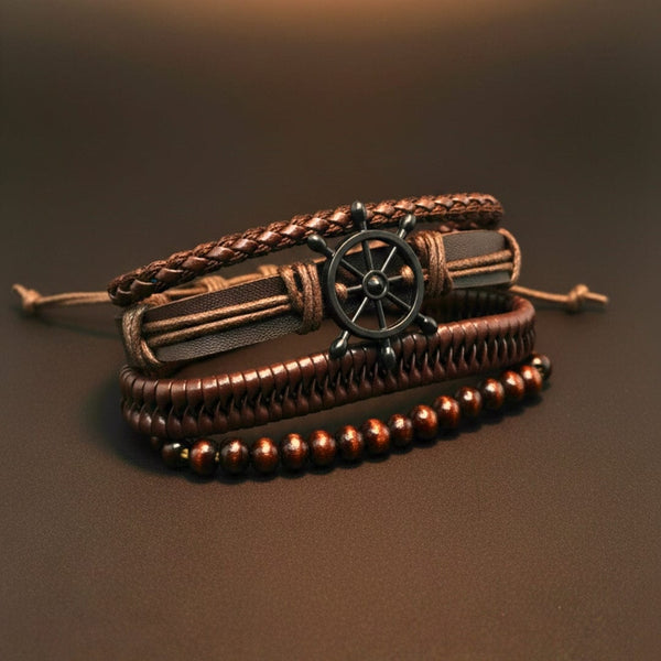 CAPTAIN DESTINY - 4 Pcs Genuine Leather Adjustable Bracelet Set for Men & Boys (8 inch)