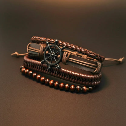 THE MEN THING Leather Bracelet CAPTAIN DESTINY - 4 Pcs Genuine Leather Adjustable Bracelet Set for Men & Boys (8 inch)