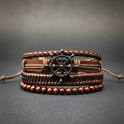 THE MEN THING Leather Bracelet CAPTAIN DESTINY - 4 Pcs Genuine Leather Adjustable Bracelet Set for Men & Boys (8 inch)