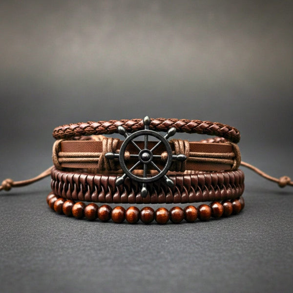 CAPTAIN DESTINY - 4 Pcs Genuine Leather Adjustable Bracelet Set for Men & Boys (8 inch)