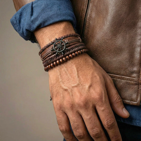 THE MEN THING Leather Bracelet CAPTAIN DESTINY - 4 Pcs Genuine Leather Adjustable Bracelet Set for Men & Boys (8 inch)