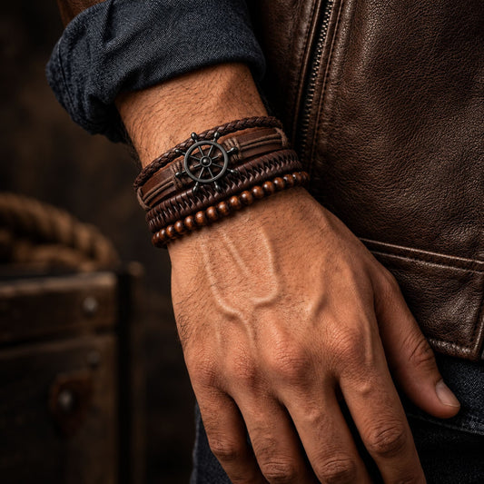 THE MEN THING Leather Bracelet CAPTAIN DESTINY - 4 Pcs Genuine Leather Adjustable Bracelet Set for Men & Boys (8 inch)