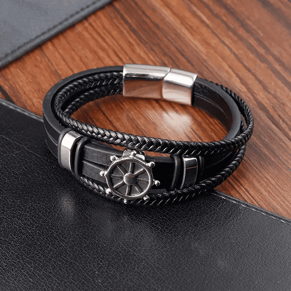 CAPTAIN HELM BLACK - Genuine Leather Braided Bracelet with Stainless Steel Magnetic Buckle for Men & Boys (8 inch)