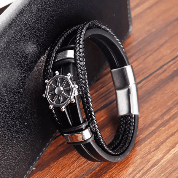 CAPTAIN HELM BLACK - Genuine Leather Braided Bracelet with Stainless Steel Magnetic Buckle for Men & Boys (8 inch)