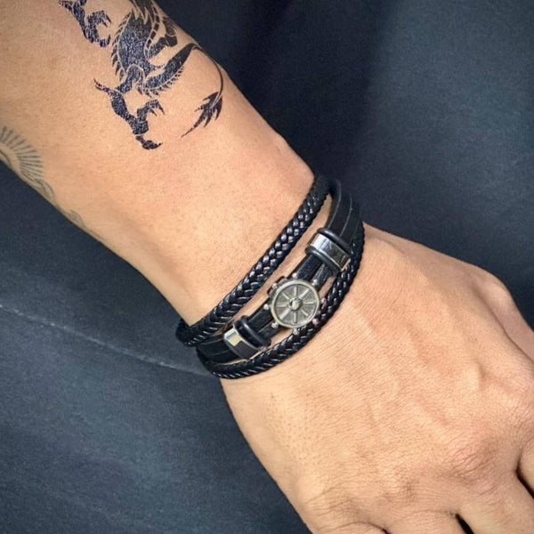 CAPTAIN HELM BLACK - Genuine Leather Braided Bracelet with Stainless Steel Magnetic Buckle for Men & Boys (8 inch)