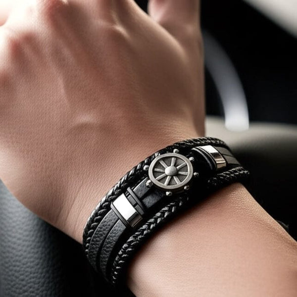 CAPTAIN HELM BLACK - Genuine Leather Braided Bracelet with Stainless Steel Magnetic Buckle for Men & Boys (8 inch)