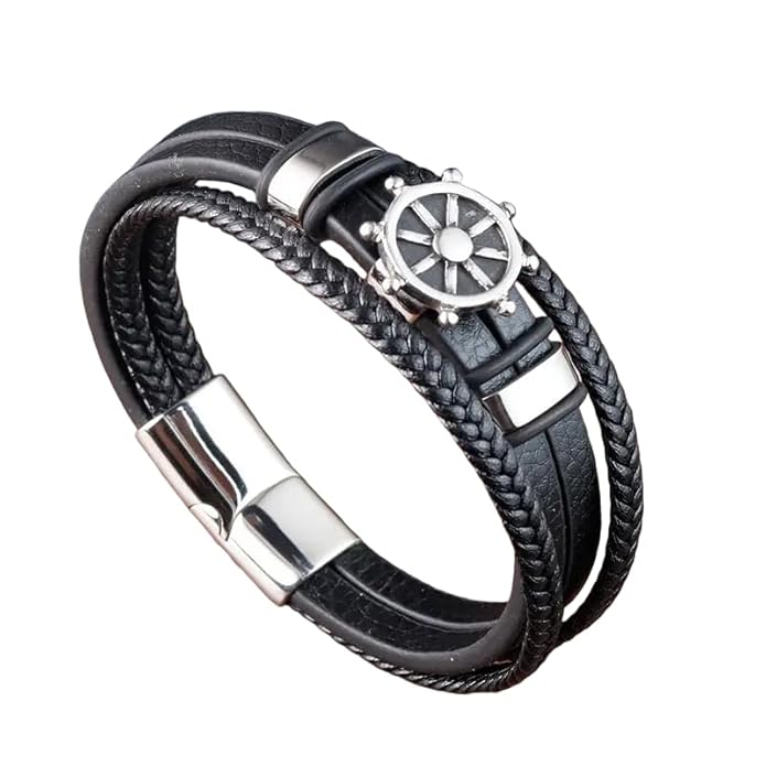 THE MEN THING Leather Bracelet CAPTAIN HELM BLACK - Genuine Leather Braided Bracelet with Stainless Steel Magnetic Buckle for Men & Boys (8 inch)