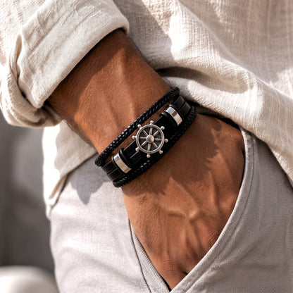 THE MEN THING Leather Bracelet CAPTAIN HELM BLACK - Genuine Leather Braided Bracelet with Stainless Steel Magnetic Buckle for Men & Boys (8 inch)