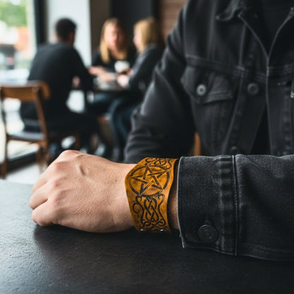 THE MEN THING Leather Bracelet CELTIC STAR - 50.7mm Brown Genuine Leather Adjustable Bracelet for Men & Boys (9.5 inch)