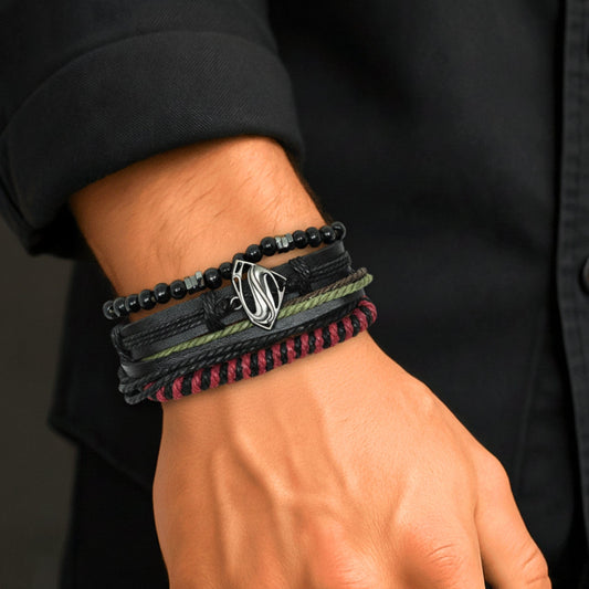 THE MEN THING Leather Bracelet CLARK PHANTOM - 4 Pcs Genuine Leather Adjustable Bracelet Set for Men & Boys (8 inch)