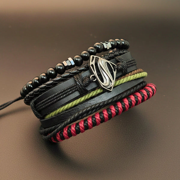 CLARK PHANTOM - 4 Pcs Genuine Leather Adjustable Bracelet Set for Men & Boys (8 inch)