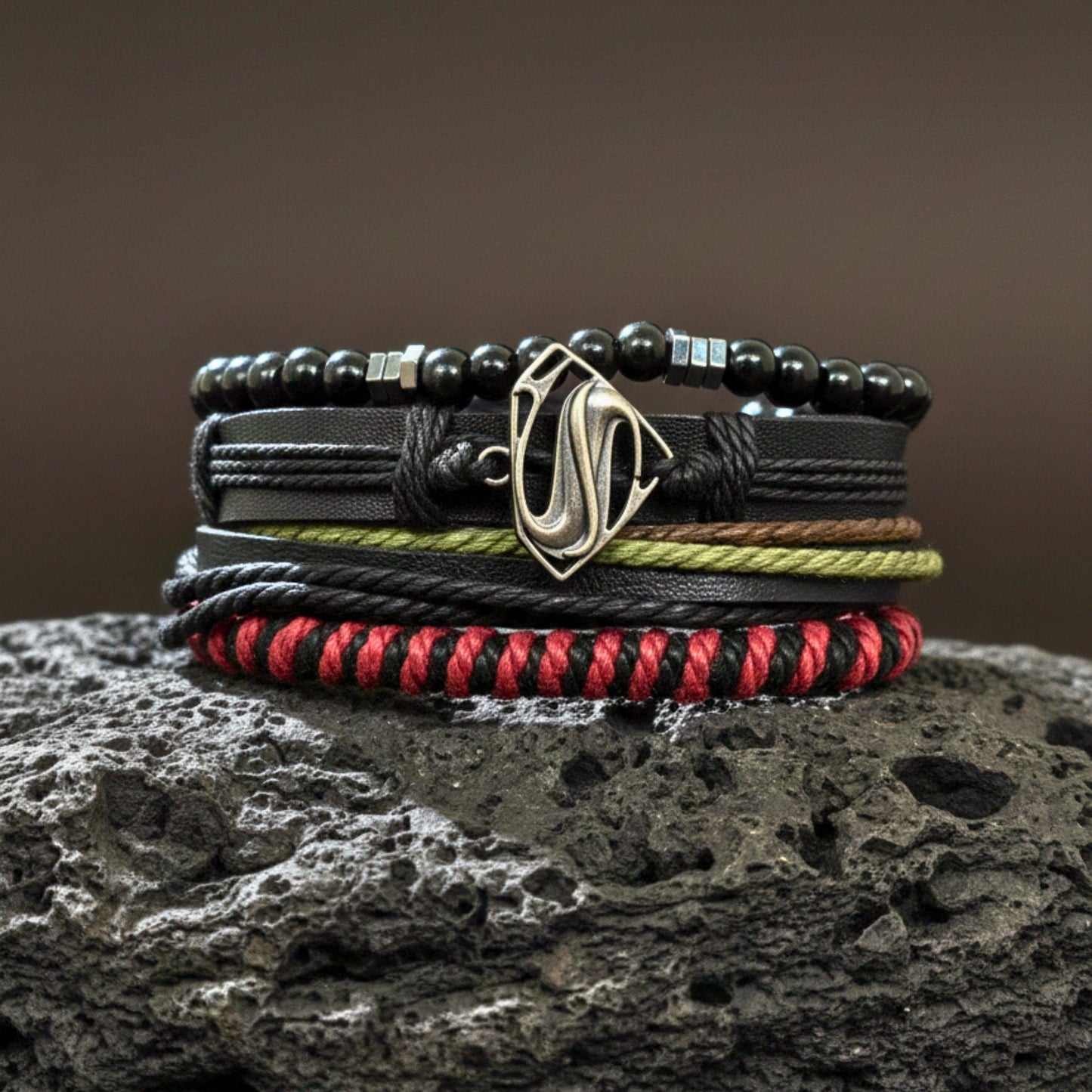 THE MEN THING Leather Bracelet CLARK PHANTOM - 4 Pcs Genuine Leather Adjustable Bracelet Set for Men & Boys (8 inch)