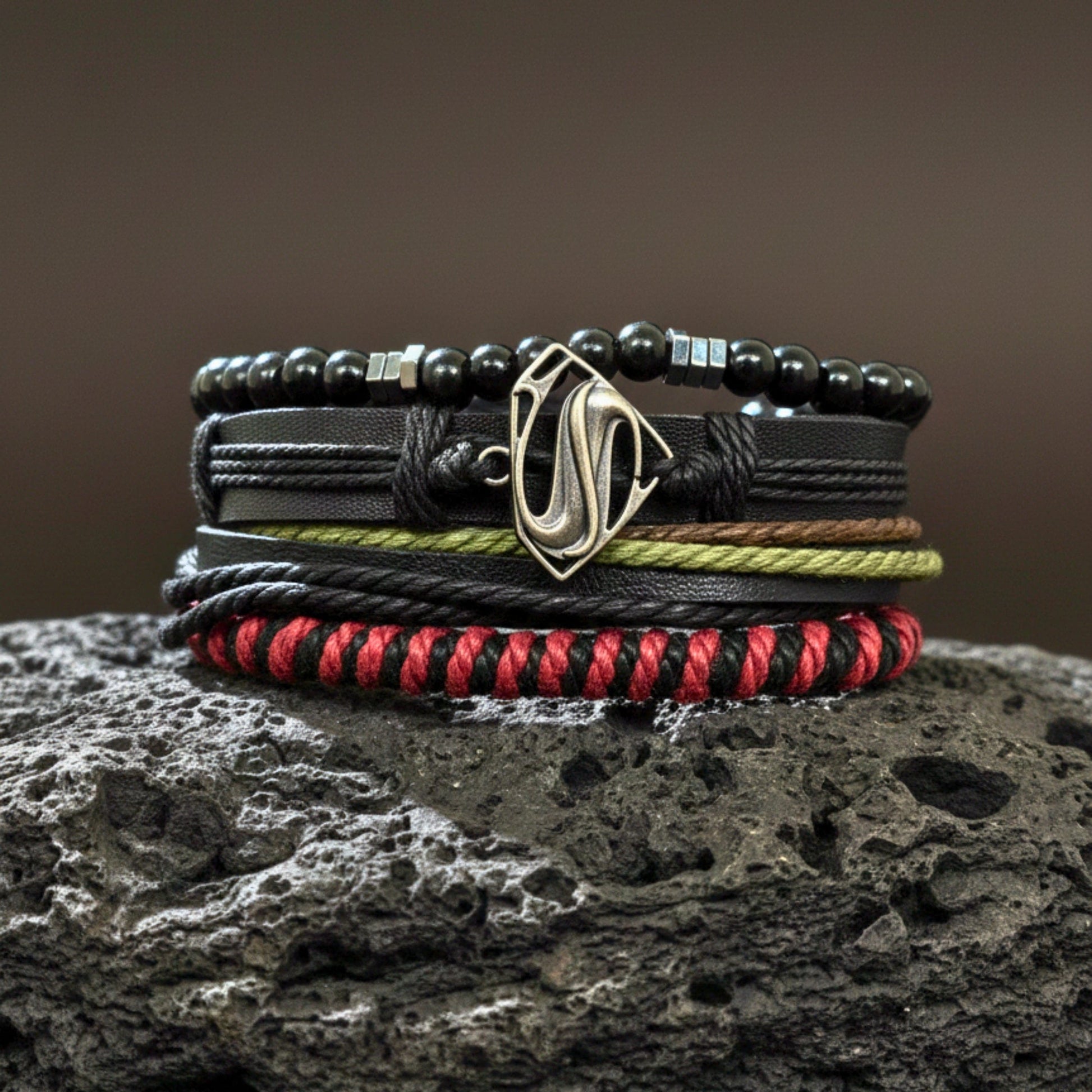 THE MEN THING Leather Bracelet CLARK PHANTOM - 4 Pcs Genuine Leather Adjustable Bracelet Set for Men & Boys (8 inch)