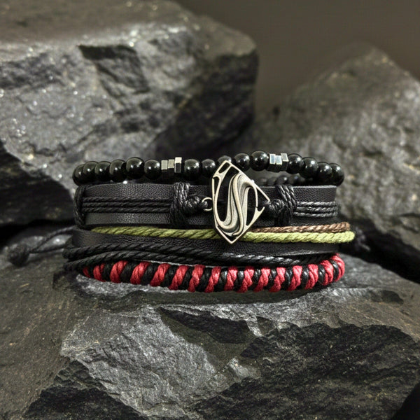 CLARK PHANTOM - 4 Pcs Genuine Leather Adjustable Bracelet Set for Men & Boys (8 inch)