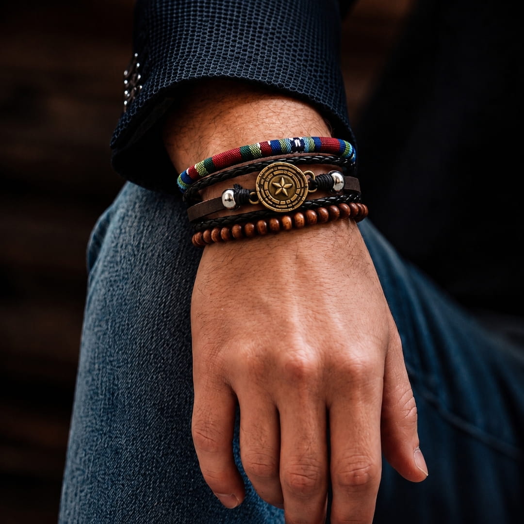 THE MEN THING Leather Bracelet COMPASS STAR BROWN - 3Pcs Genuine Leather Adjustable Bracelets Set for Men & Boys (8 inch)