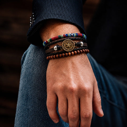 THE MEN THING Leather Bracelet COMPASS STAR BROWN - 3Pcs Genuine Leather Adjustable Bracelets Set for Men & Boys (8 inch)