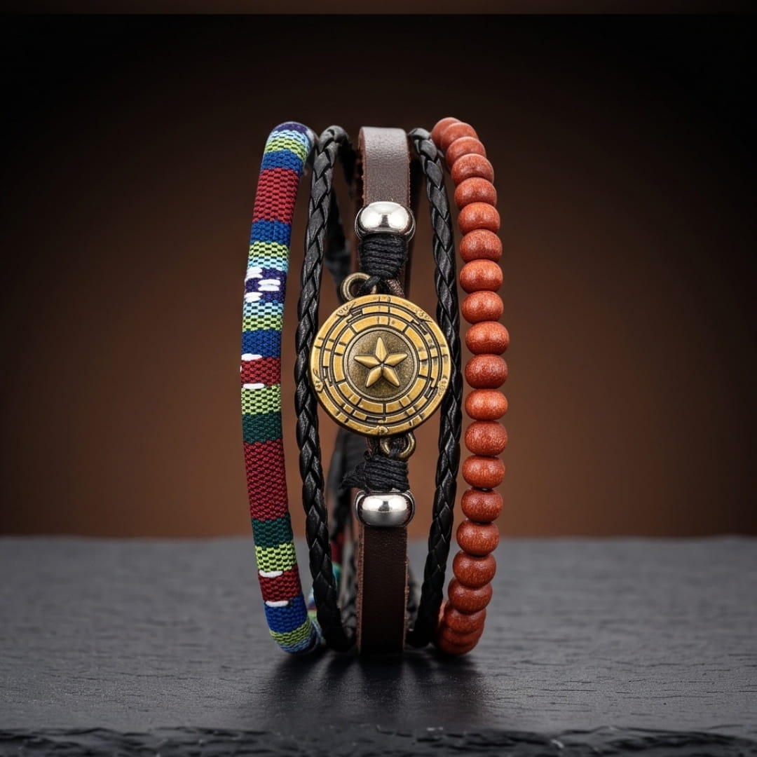 THE MEN THING Leather Bracelet COMPASS STAR BROWN - 3Pcs Genuine Leather Adjustable Bracelets Set for Men & Boys (8 inch)