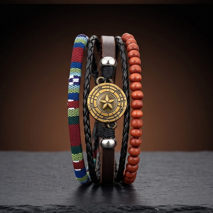 THE MEN THING Leather Bracelet COMPASS STAR BROWN - 3Pcs Genuine Leather Adjustable Bracelets Set for Men & Boys (8 inch)