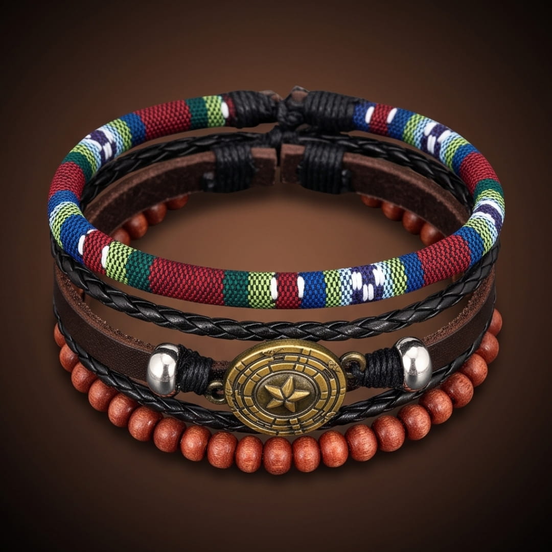 THE MEN THING Leather Bracelet COMPASS STAR BROWN - 3Pcs Genuine Leather Adjustable Bracelets Set for Men & Boys (8 inch)