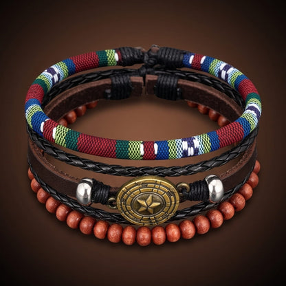 THE MEN THING Leather Bracelet COMPASS STAR BROWN - 3Pcs Genuine Leather Adjustable Bracelets Set for Men & Boys (8 inch)