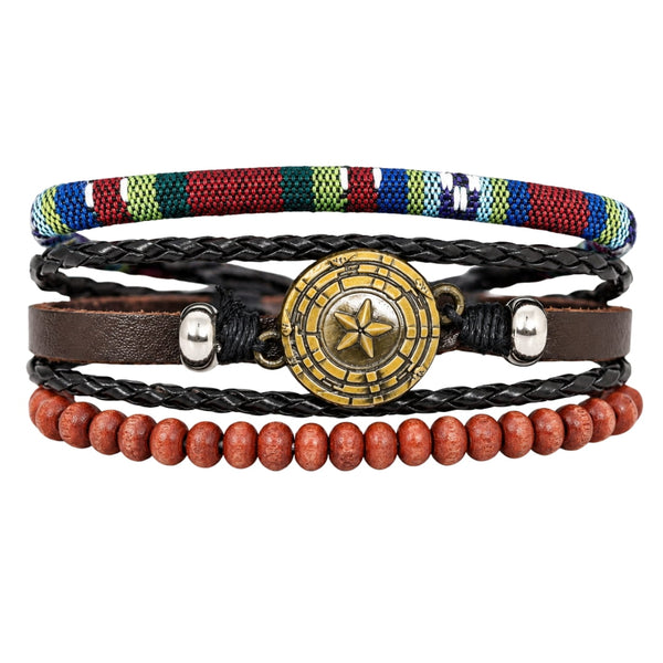 COMPASS STAR BROWN - 3Pcs Genuine Leather Adjustable Bracelets Set for Men & Boys (8 inch)