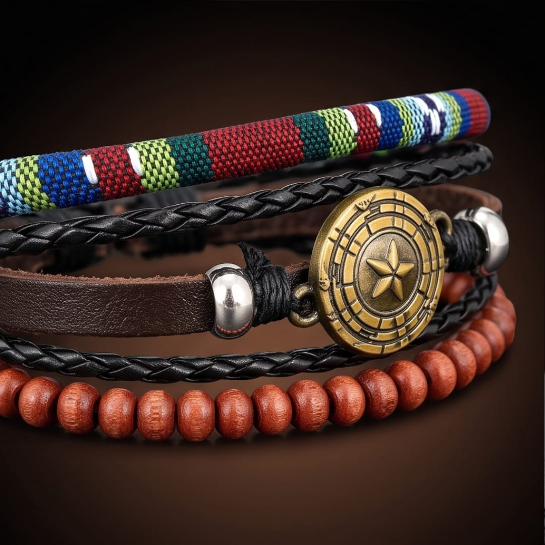 THE MEN THING Leather Bracelet COMPASS STAR BROWN - 3Pcs Genuine Leather Adjustable Bracelets Set for Men & Boys (8 inch)