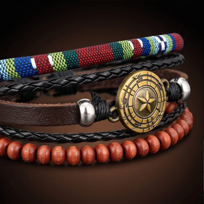 THE MEN THING Leather Bracelet COMPASS STAR BROWN - 3Pcs Genuine Leather Adjustable Bracelets Set for Men & Boys (8 inch)