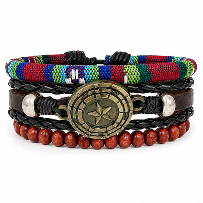 THE MEN THING Leather Bracelet COMPASS STAR BROWN - 3Pcs Genuine Leather Adjustable Bracelets Set for Men & Boys (8 inch)