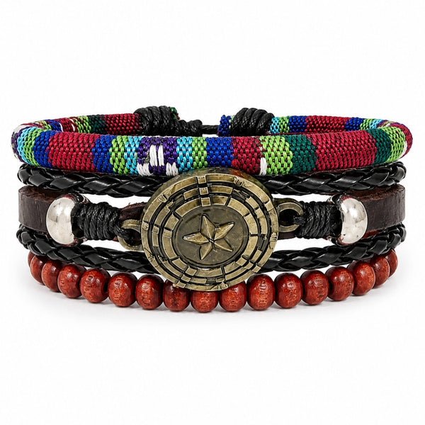 COMPASS STAR BROWN - 3Pcs Genuine Leather Adjustable Bracelets Set for Men & Boys (8 inch)