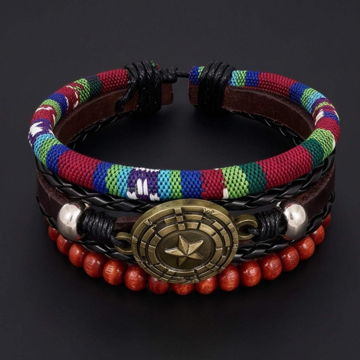 THE MEN THING Leather Bracelet COMPASS STAR BROWN - 3Pcs Genuine Leather Adjustable Bracelets Set for Men & Boys (8 inch)