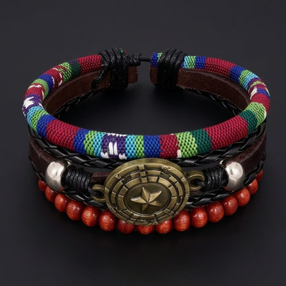 THE MEN THING Leather Bracelet COMPASS STAR BROWN - 3Pcs Genuine Leather Adjustable Bracelets Set for Men & Boys (8 inch)