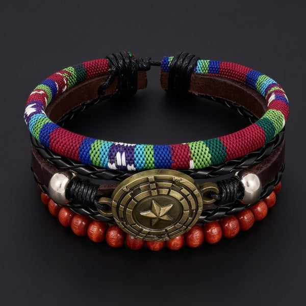 COMPASS STAR BROWN - 3Pcs Genuine Leather Adjustable Bracelets Set for Men & Boys (8 inch)