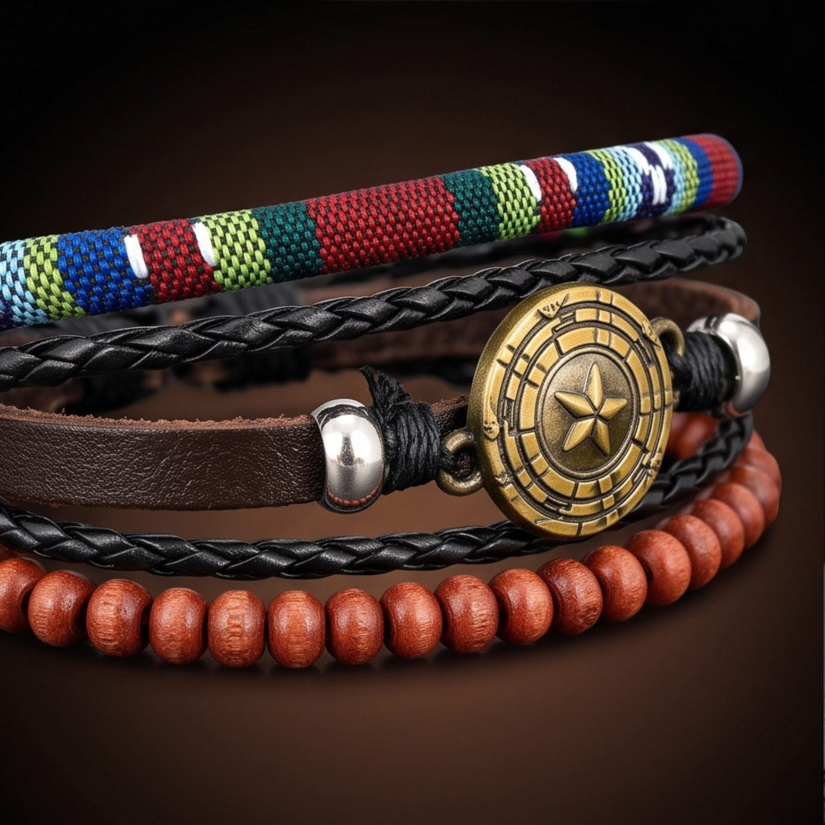 THE MEN THING Leather Bracelet COMPASS STAR BROWN - 3Pcs Genuine Leather Adjustable Bracelets Set for Men & Boys (8 inch)