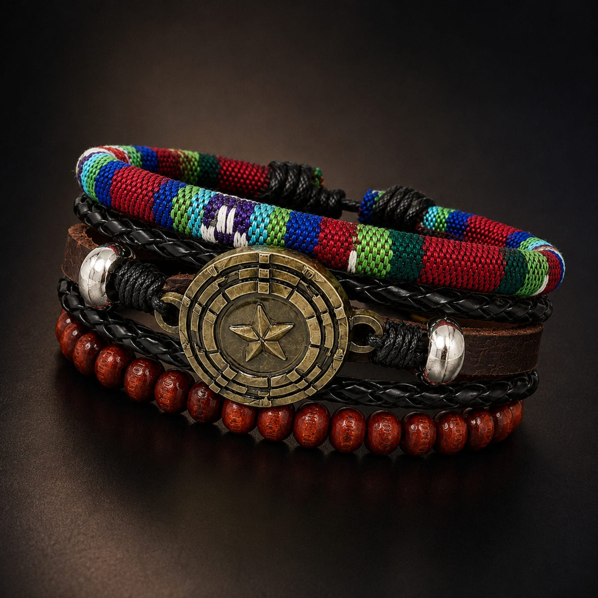 THE MEN THING Leather Bracelet COMPASS STAR BROWN - 3Pcs Genuine Leather Adjustable Bracelets Set for Men & Boys (8 inch)