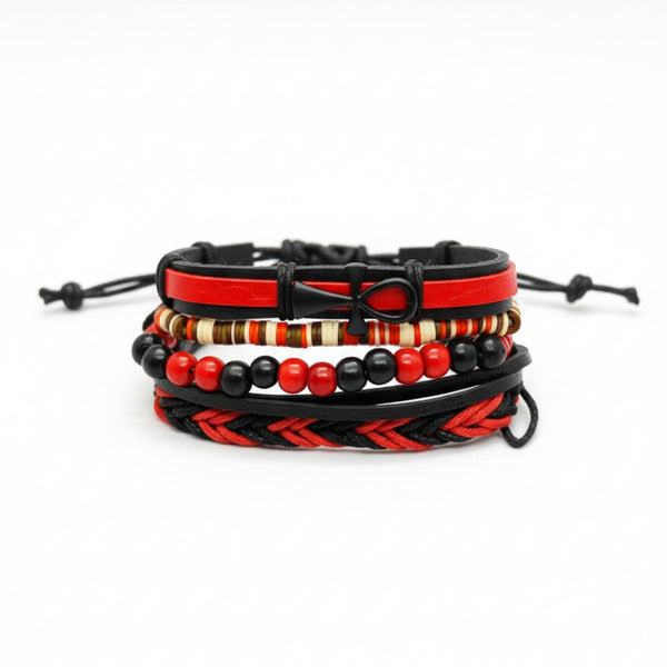 CRIMSON ANKH CROSS - 4 Pcs Genuine Leather Adjustable Bracelet Set for Men & Boys (8 inch)