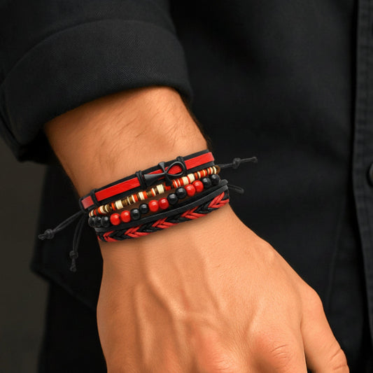 THE MEN THING Leather Bracelet CRIMSON ANKH CROSS - 4 Pcs Genuine Leather Adjustable Bracelet Set for Men & Boys (8 inch)