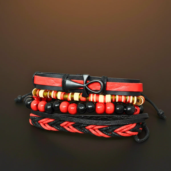 CRIMSON ANKH CROSS - 4 Pcs Genuine Leather Adjustable Bracelet Set for Men & Boys (8 inch)