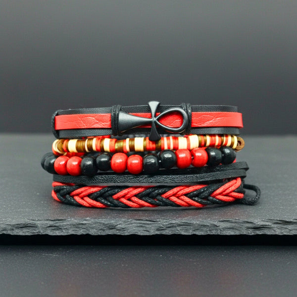 CRIMSON ANKH CROSS - 4 Pcs Genuine Leather Adjustable Bracelet Set for Men & Boys (8 inch)