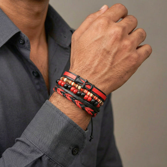 THE MEN THING Leather Bracelet CRIMSON ANKH CROSS - 4 Pcs Genuine Leather Adjustable Bracelet Set for Men & Boys (8 inch)