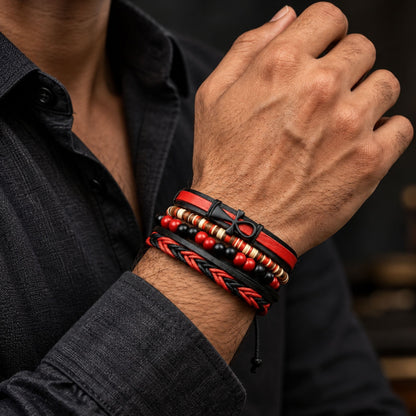 THE MEN THING Leather Bracelet CRIMSON ANKH CROSS - 4 Pcs Genuine Leather Adjustable Bracelet Set for Men & Boys (8 inch)