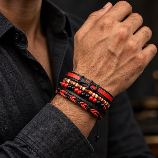 THE MEN THING Leather Bracelet CRIMSON ANKH CROSS - 4 Pcs Genuine Leather Adjustable Bracelet Set for Men & Boys (8 inch)