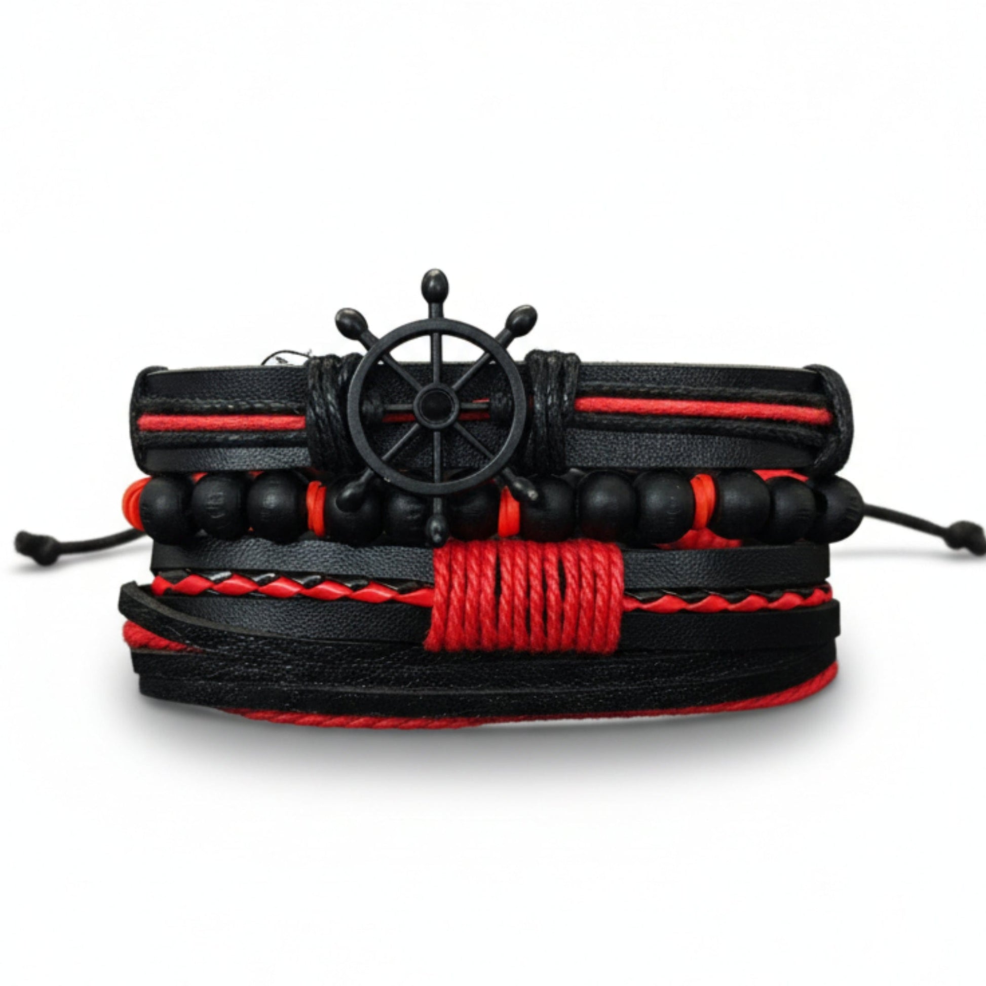 THE MEN THING Leather Bracelet CRIMSON CAPTAIN - 4 Pcs Genuine Leather Adjustable Bracelet Set for Men & Boys (8 inch)