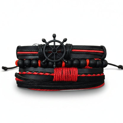 THE MEN THING Leather Bracelet CRIMSON CAPTAIN - 4 Pcs Genuine Leather Adjustable Bracelet Set for Men & Boys (8 inch)